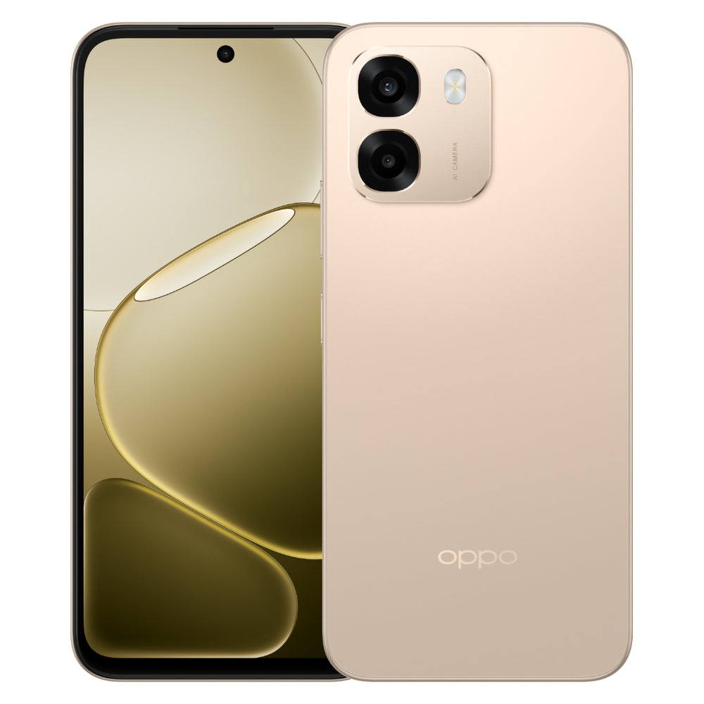 Oppo A6 Aurora Gold front and back view