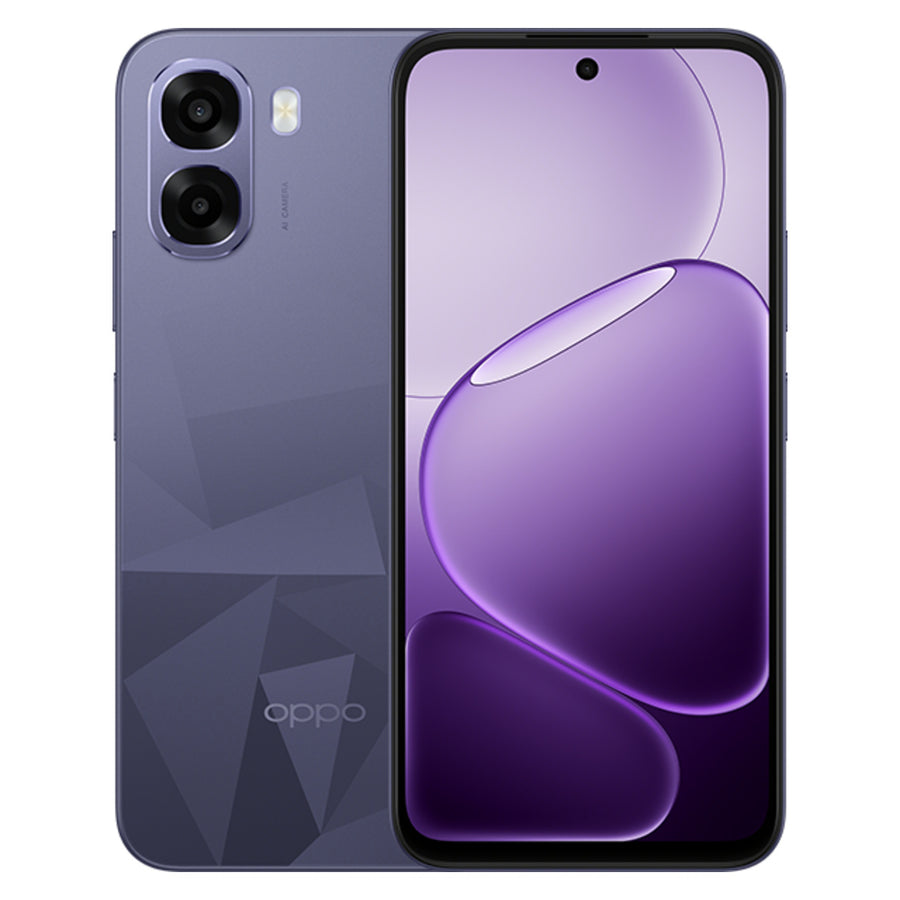 Oppo A6k Crystal Violet front and back view