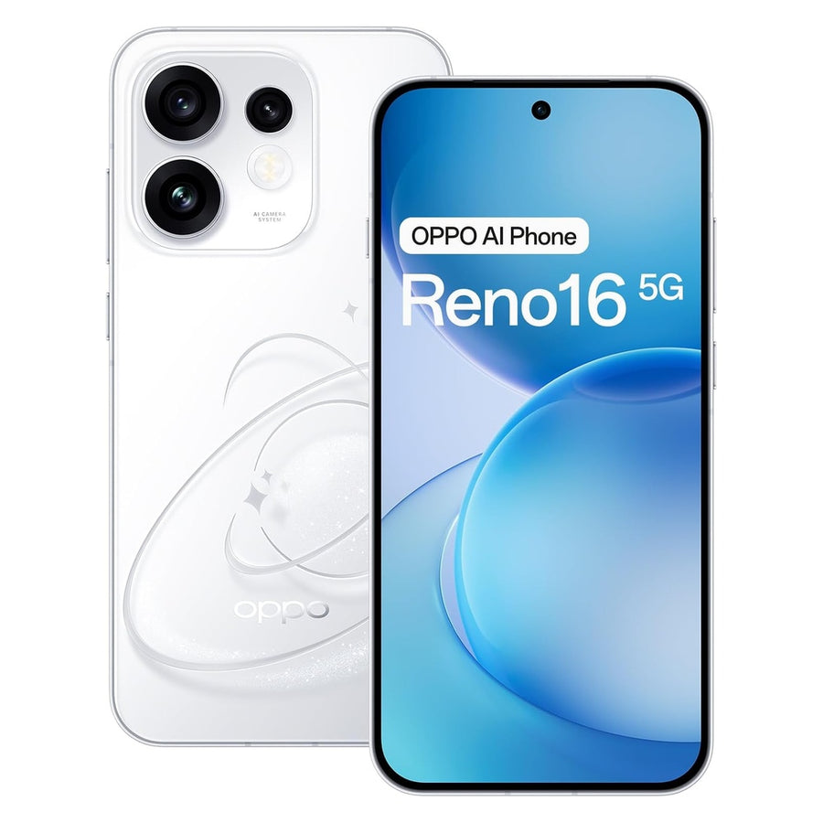 Oppo Reno16 5G Pop White front and back view