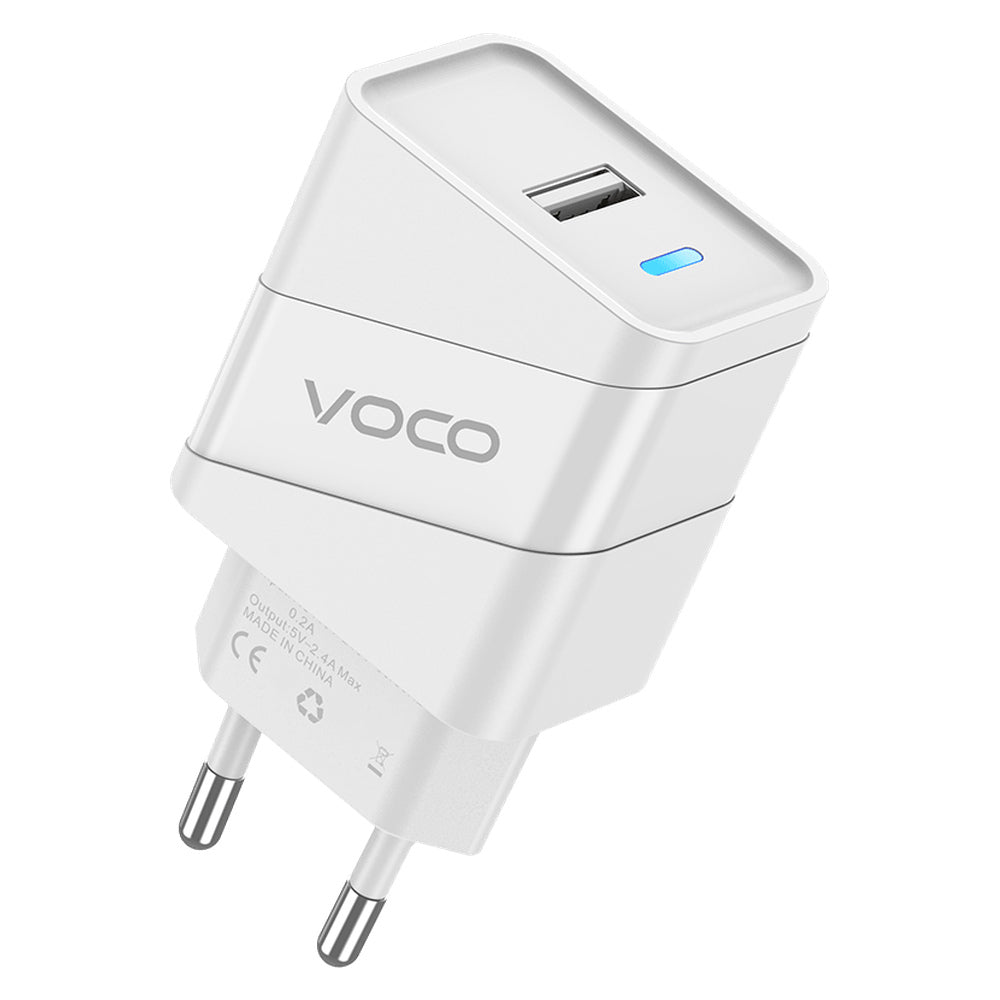 Voco P-01 white USB-A charger with blue indicator