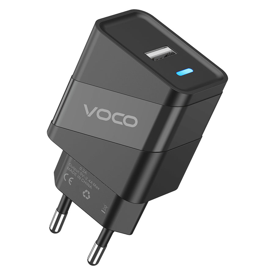 Voco P-01 black USB-A charger with blue indicator
