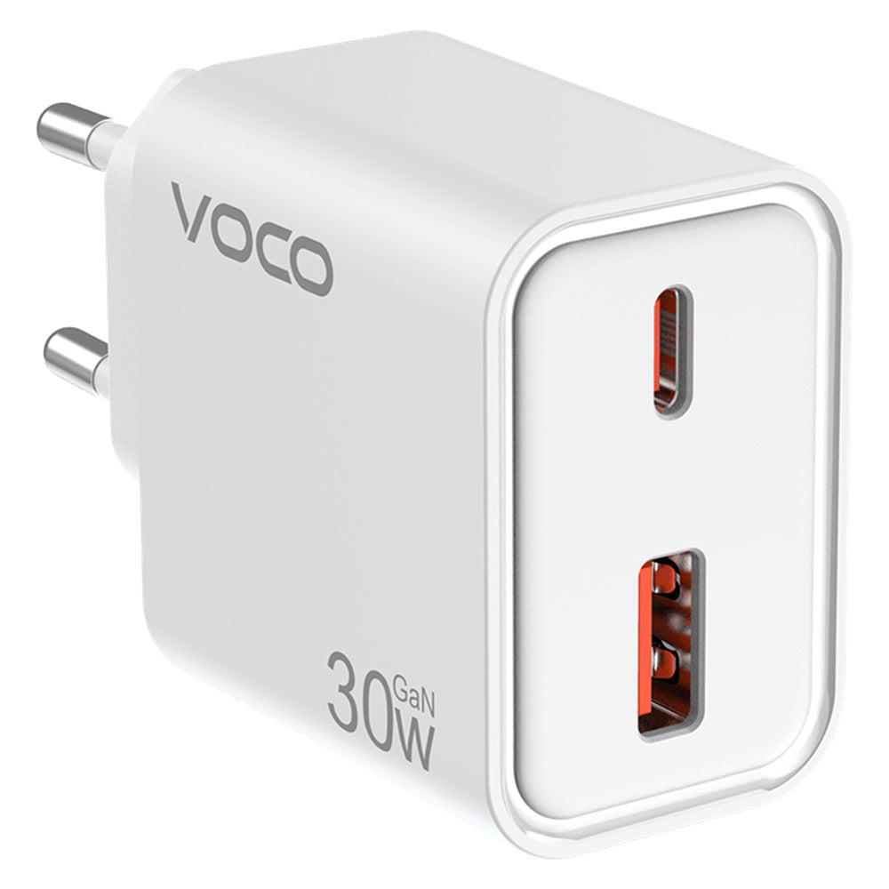 Voco P-03 white 30W charger showing USB-C and USB-A ports