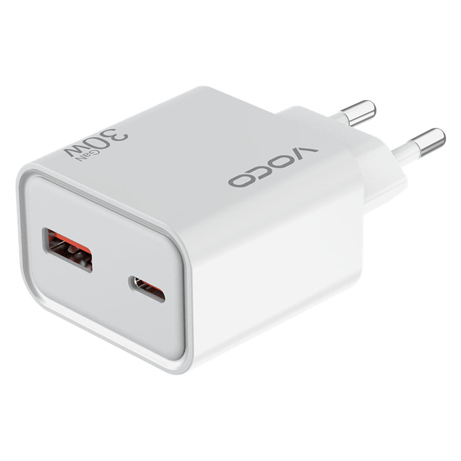 Voco P-03 white charger showing ports and two round plug pins
