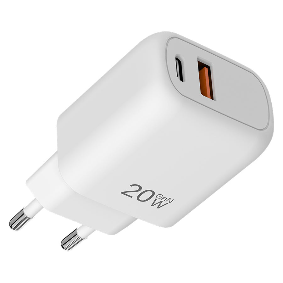 Voco P-02 white 20W charger showing USB-C and USB-A ports