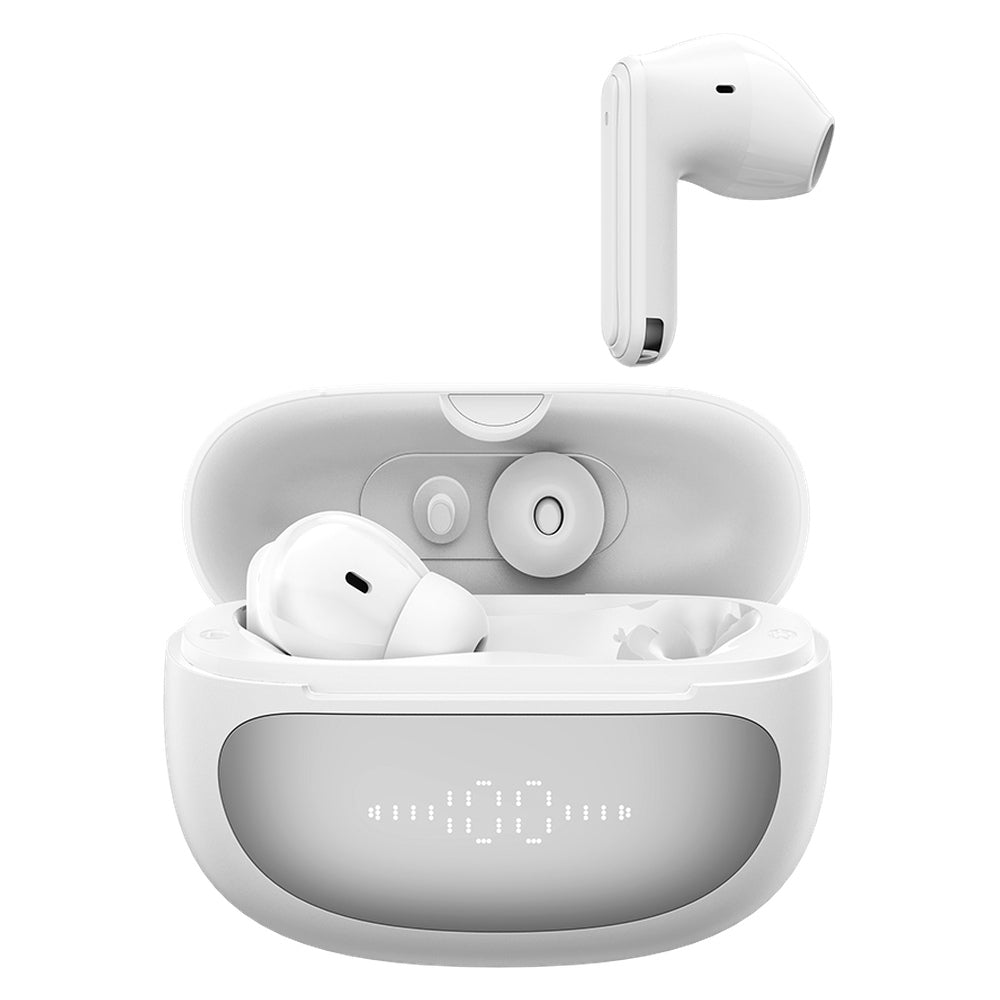 Voco S-03 white wireless earbuds with open charging case and battery display