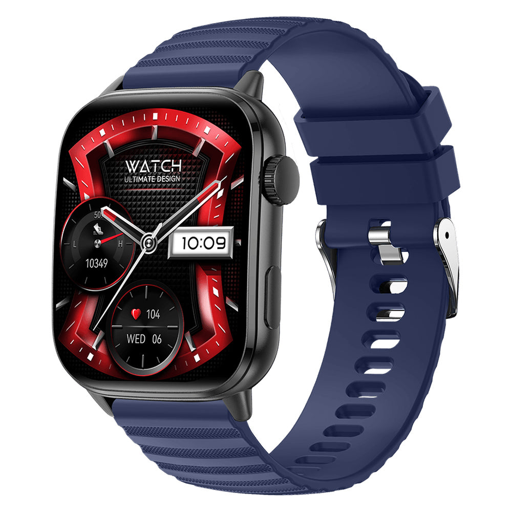Voco W-02 smartwatch with blue strap and red watch face